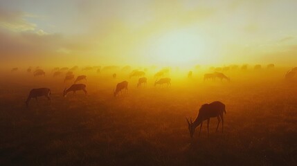 Majestic herd of antelopes at sunrise african plains nature photography misty environment wide-angle view wildlife conservation