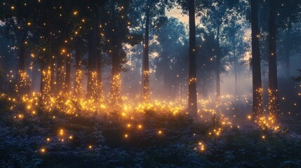 Fototapeta premium A mystical forest illuminated by glowing fireflies amidst trees and fog.