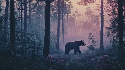 Bear walking through misty forest at dawn nature scene wildlife photography tranquil environment side view natural beauty