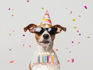 a playful dog celebrating a birthday with a cake and party decorations