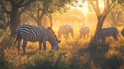 Zebras grazing in golden light african savanna wildlife photography natural habitat serene landscape animal behavior