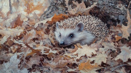 Hedgehog nesting among autumn leaves forest floor wildlife photography natural habitat close-up conservation awareness