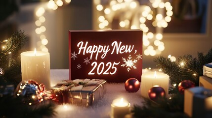 Illustration of New Year celebration, e-commerce scene, sparkling fireworks and gift background