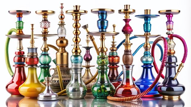 Realistic Multicolored Hookahs Displayed on White Background - Isolated Shishas in Various Shapes and Sizes for a Vibrant and Engaging Stock Photo