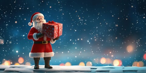 A 3D cartoon Santa Claus holding a giant wrapped gift box, standing on a snowy rooftop with a starry sky and glowing Christmas lights in the distance