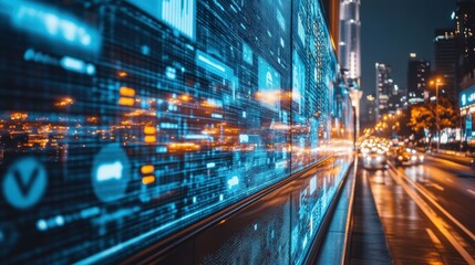 Obraz premium A futuristic cityscape with digital overlays and flowing traffic at night.