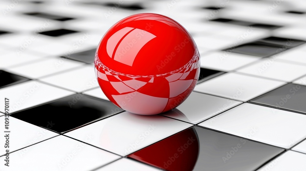 Aufkleber reflective red sphere on black and white checkerboard pattern with smooth surface and soft shadows i