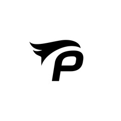 Black letter P with wing design symbolizing speed and power, perfect for sports logos, racing events, and athletic brands.