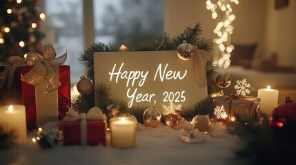 Illustration of New Year celebration, e-commerce scene, sparkling fireworks and gift background