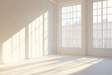 Obraz premium Sunlit Modern Room Interior Design: Minimalist White Space with City View