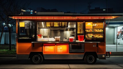 A brightly lit food truck at night, showcasing its menu and serving area.