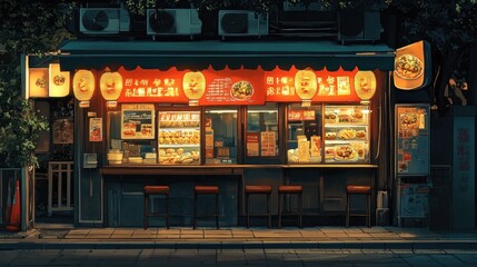A vibrant nighttime food stall with illuminated signs and various menu items on display.