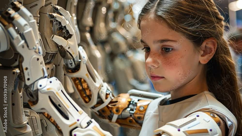 Poster at a technology exhibition, a young girl curiously engages with a robotic arm, marveling at its intr