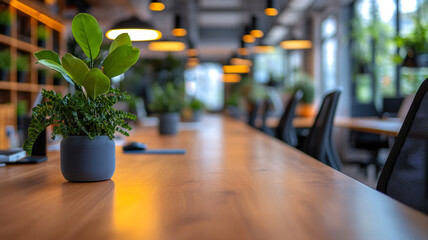 Obraz premium Elegant workspace with plants and warm lighting in a modern office environment