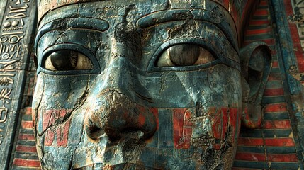 Close-Up of an Ancient Egyptian Pharaoh's Golden Mask with Intricate Hieroglyphics