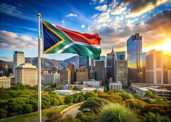 Resilient South African Flag Rippling in Architectural Harmony, Symbolizing Strength and Unity Against a Backdrop of Modern Structures and Natural Beauty in South Africa