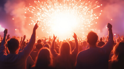 Crowd celebrating at a vibrant fireworks display during a summer festival in the evening sky.