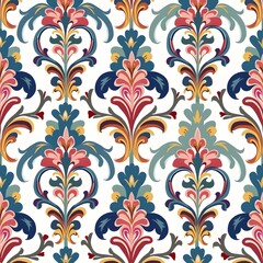 Delicate Floral Damask Seamless Wallpaper in Muted Pink, Blue, and Yellow