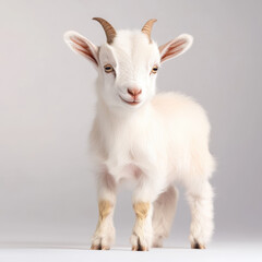Obraz premium baby goat standing confidently on white background, showcasing its playful nature and adorable features. This charming animal exudes sense of curiosity and joy