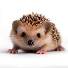 Obraz premium baby hedgehog stretching on white background, showcasing its adorable features and spiky fur. This charming creature evokes sense of joy and curiosity