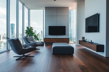 Modern living room with two grey armchairs, a wooden coffee table, a grey ottoman, and a large television. The room has floor-to-ceiling windows overlooking a city skyline.