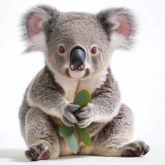 Fototapeta premium baby koala sitting on white background, holding green leaf. This adorable creature showcases its fluffy fur and big eyes, evoking sense of joy and cuteness