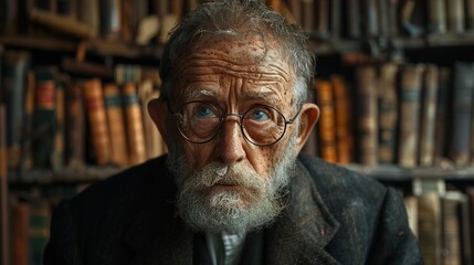 Close-up Portrait of an Elderly Man with a Beard and Glasses in a Library Setting