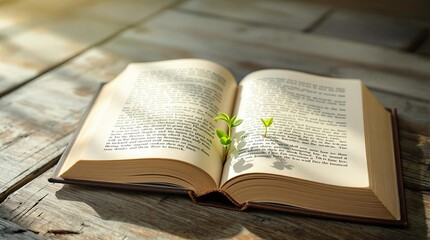 Obraz premium Open book with emerging green plants on rustic wooden table