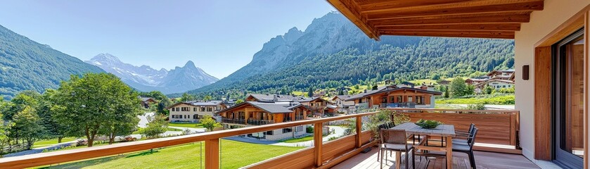 Stunning Mountain View from a Cozy Balcony Overlooking a Charming Village Surrounded by Lush Greenery and Majestic Peaks in Bright Blue Sky