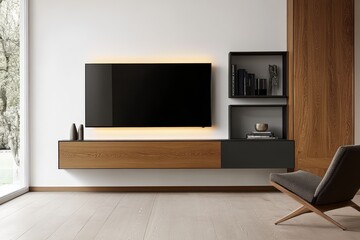 Modern living room with a minimalist design featuring a flat-screen TV, a wooden floating shelf, and a stylish armchair.