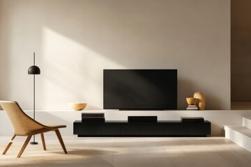 A minimalist living room with a black TV stand, a brown armchair, and a large TV screen.
