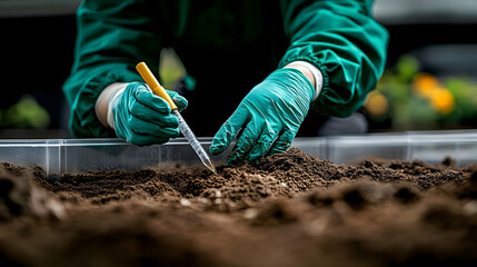 Obraz premium Gloved hands meticulously sample soil using a pipette in a transparent container, conducting agricultural research.