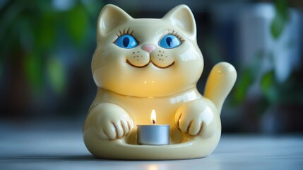 Close-up of a smiling yellow ceramic Maneki Neko cat holding a small burning tea light candle for spiritual or decorative accent lighting.