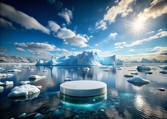 Round Icy Pedestal in the Ocean Surrounded by Icebergs and Floes, Ideal for Product Placement and Advertising Text in a Stunning High Depth of Field Scene