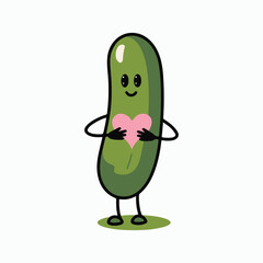 funny green a Cartoon cucumber with a holding heart vector illustration.
