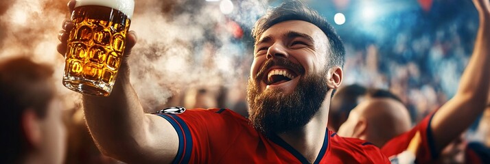 Hand holding a glass of beer in a lively pub while watching a football match on TV.