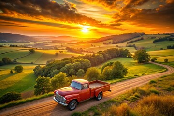 Fototapeta premium Rustic Charm of an Old Pickup Truck Amidst a Scenic Landscape at Golden Hour with Sunlight Filtering Through Trees and Rolling Hills in the Background, Perfect for Nostalgic Themes