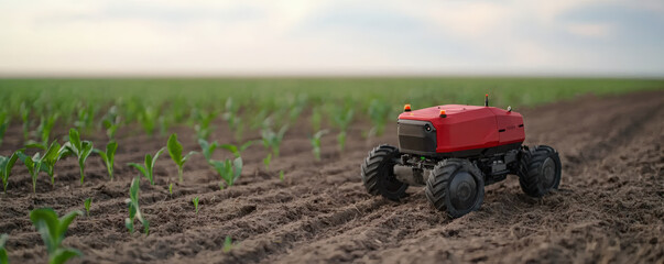 Obraz premium A small red agricultural robot navigates through young crops on a farm, highlighting technological advancements in modern farming practices.