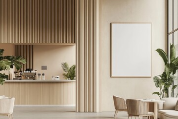Modern cafe interior with wooden walls, bar counter, and a blank poster.