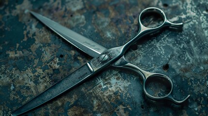 Obraz premium Professional Hairdressing Scissors on a Rustic Surface