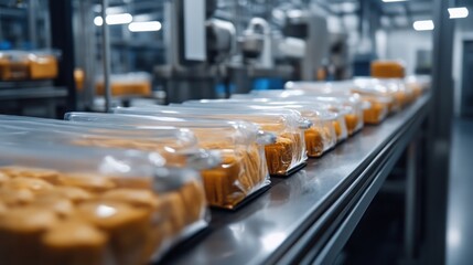 Obraz premium A production line displaying packaged food products in a factory setting.