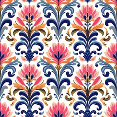 Pastel Floral Damask Seamless Wallpaper with Pink, Blue, and Green