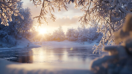 A serene outdoor scene of a frozen lake reflecting soft sunlight, with snow-laden branches framing the view. 