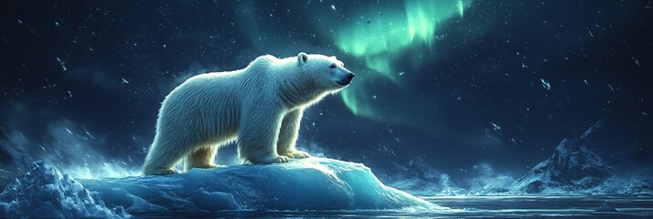 Fototapeta premium a Polar Bear standing confidently on an iceberg shaped like an upward arrow, symbolizing growth and strategic vision, with a glowing aurora in the sky, 