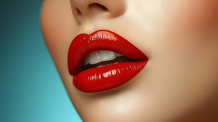 Obraz premium Close-up of a woman's glossy red lips against a teal background, showcasing vibrant makeup and smooth skin.
