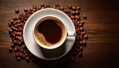 Fototapeta premium Cup of coffee with coffee beans. Cup of coffee on table. Coffee top view. Espresso coffee.