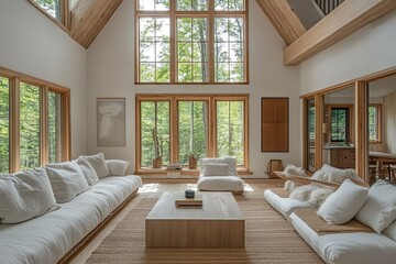 Fototapeta premium A modern living room with large windows, a white sofa, a wooden coffee table and a rug.