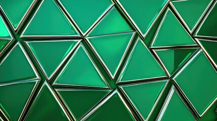 A vibrant geometric pattern of overlapping triangular shapes in a rich emerald green. Each triangle is outlined in a glossy silver, creating a modern and luxurious effect 