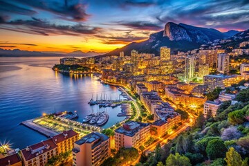 Fototapeta premium Scenic Night View of Monte Carlo City Lights During Twilight in Monaco with Illuminated Buildings and Calm Mediterranean Sea Reflections