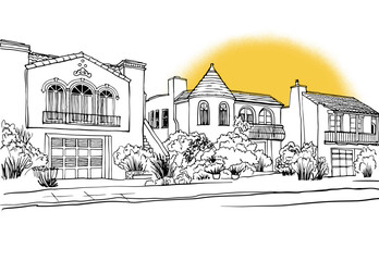 Naklejka premium Nice old street in San Francisco, California, USA. Urban sketch. Hand drawn urban landscape. Line art. Sunshine. White background. Vector illustration. Vintage postcard style.